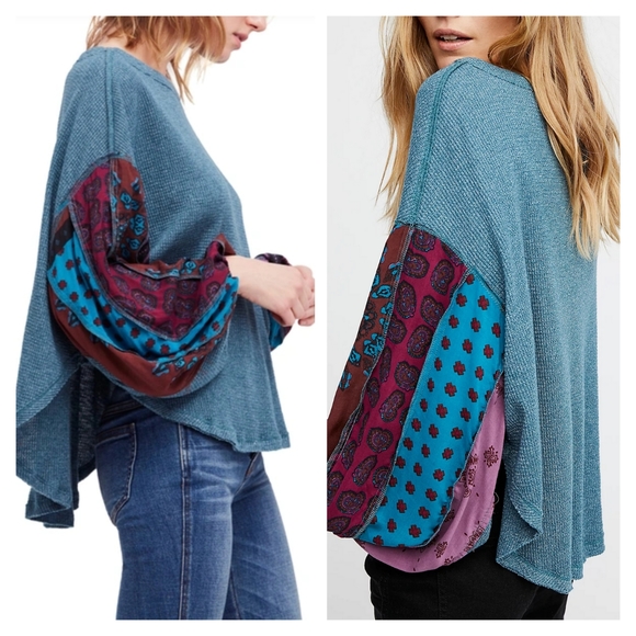 Unique & Fabulous!😎 We The Free Blossom Sleeve Thermal Top Blue/Green Multi M - Picture 2 of 8